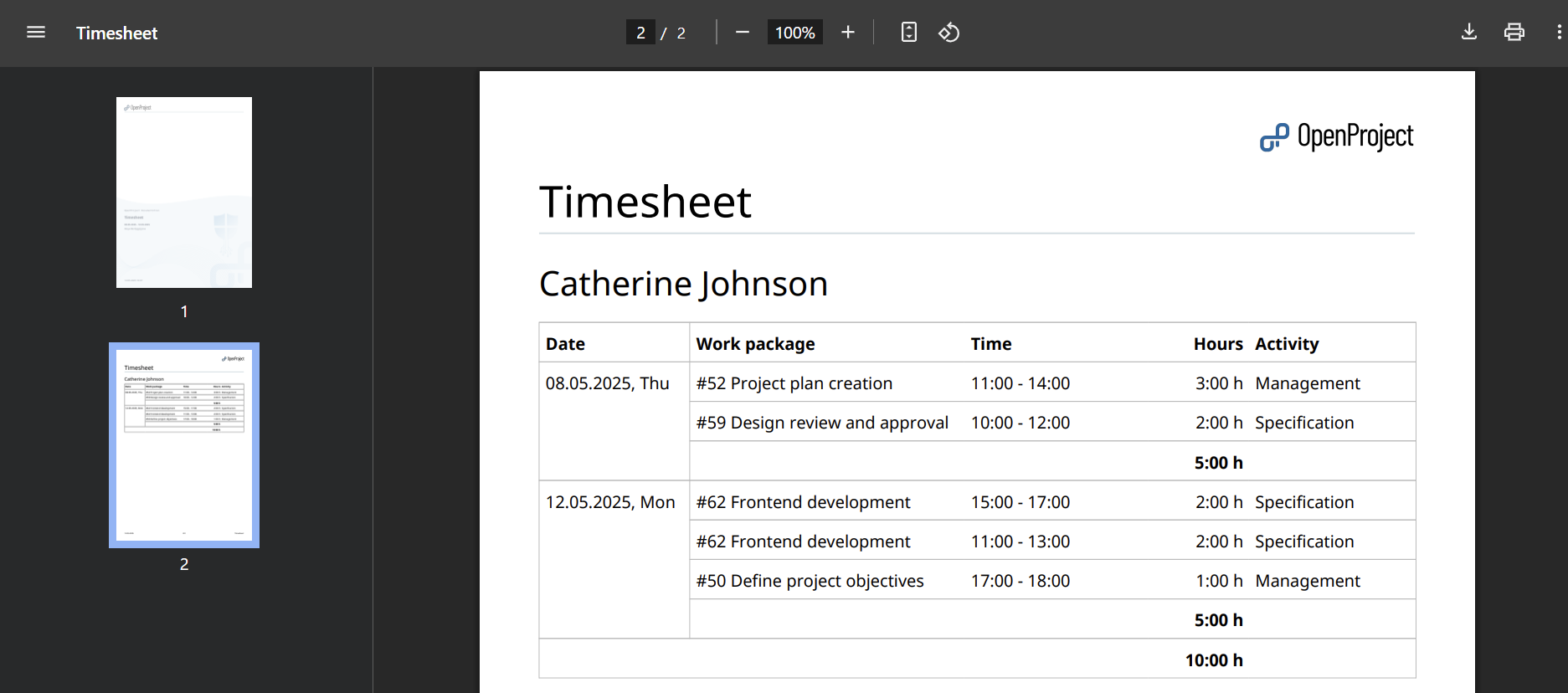 Timesheet PDF export in OpenProject
