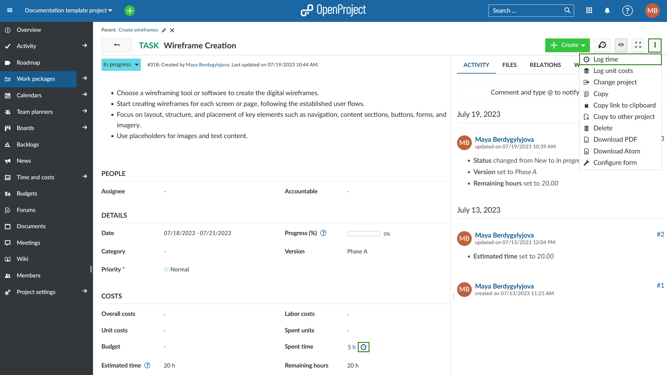 Registrar el tiempo a partir de un paquete de trabajo