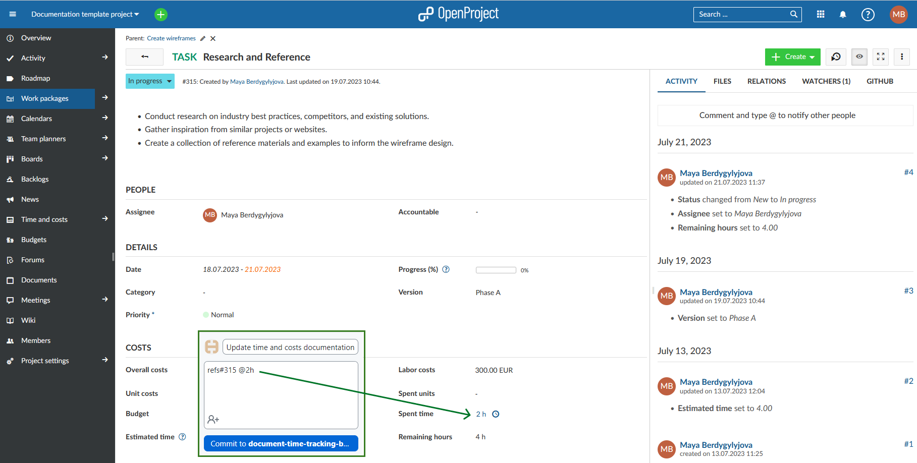 Mensaje de registro para registrar tiempo en OpenProject