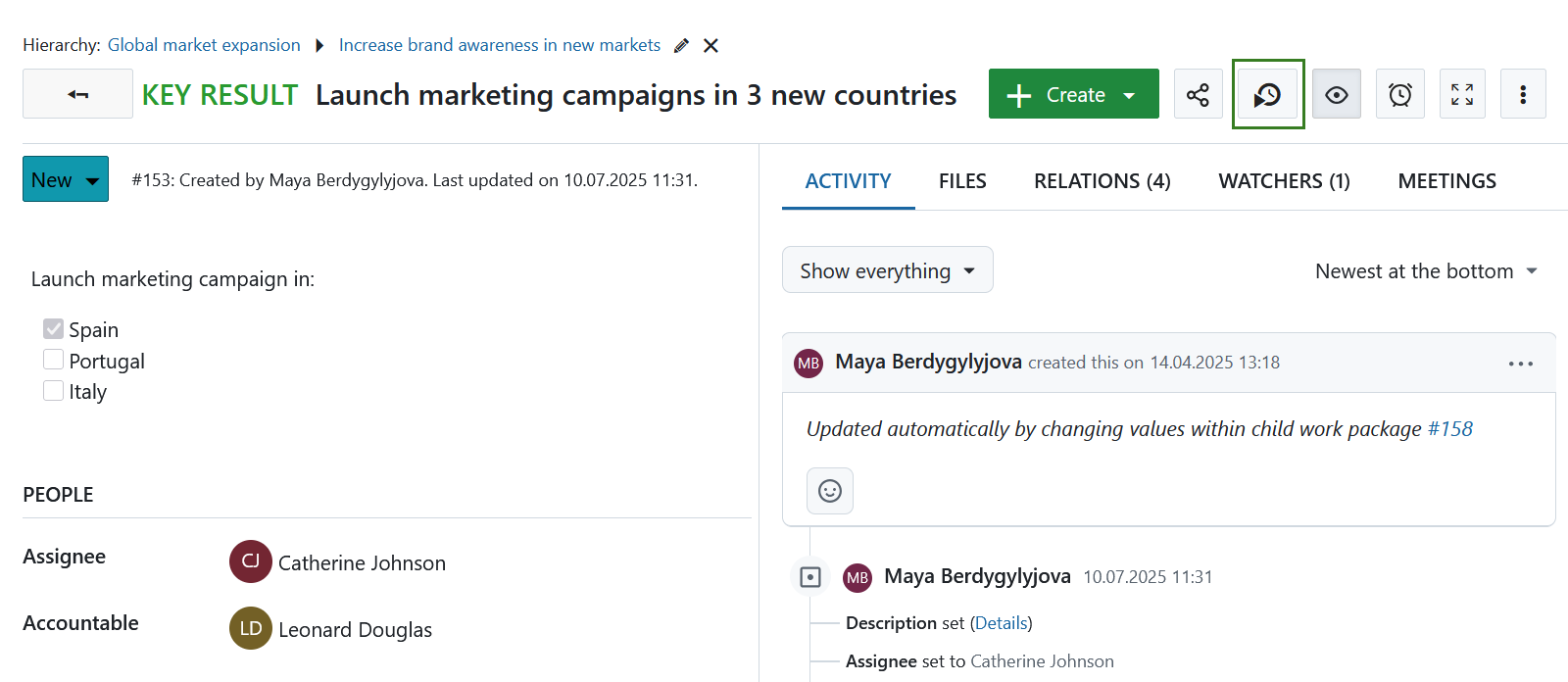 OpenProject Start-Zeiterfassung-Button in einer detaillierten Ansicht des Arbeitspakets