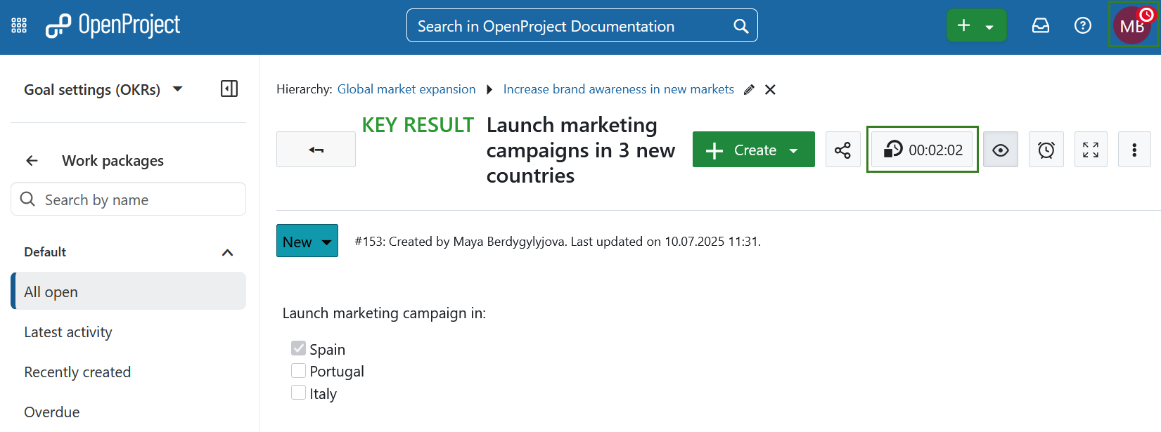 OpenProject Time Tracking Button in Aktion