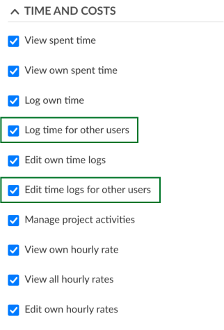 Permissions to log and edit time for others