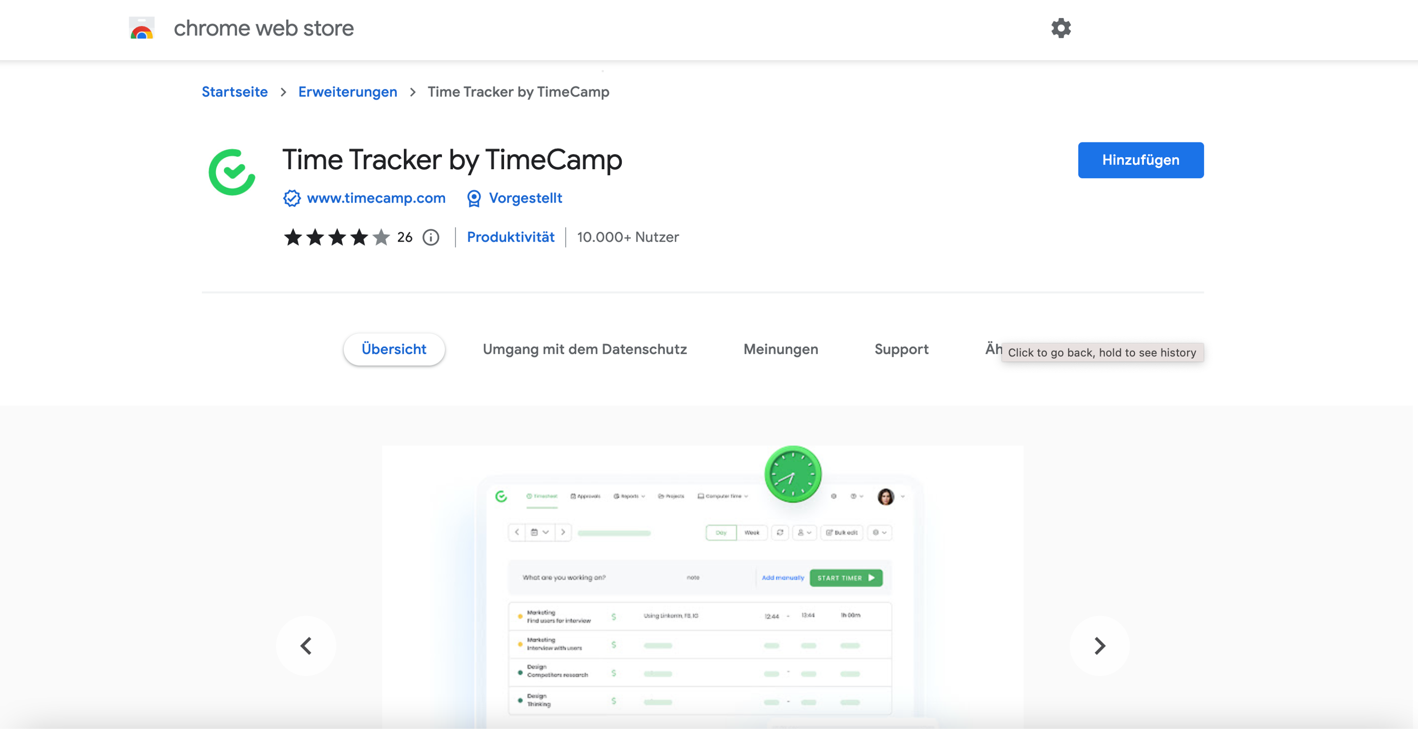 Extension de TimeCamp dans la boutique Google Chrome