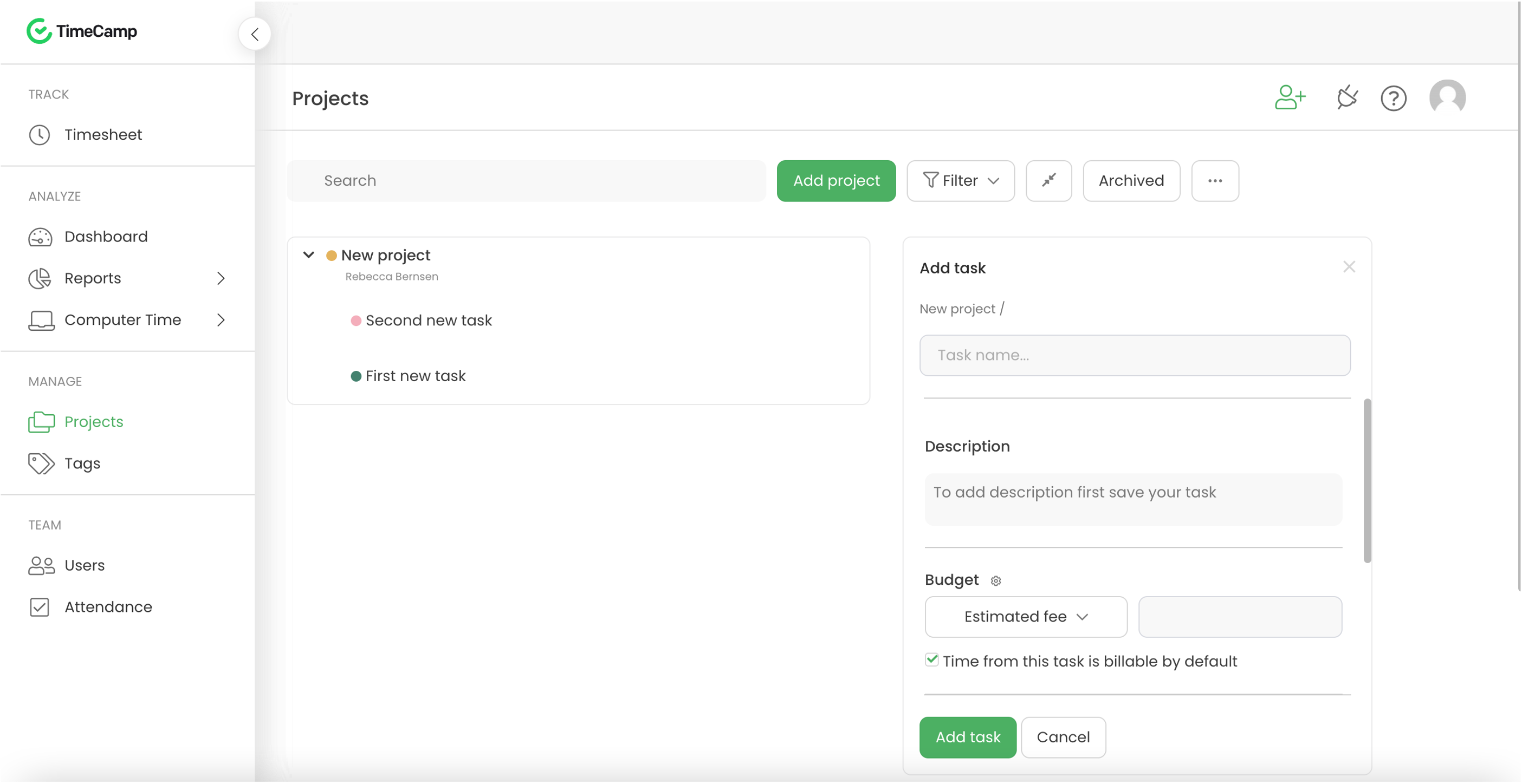 TimeCamp account with a new project which shows 2 tasks
