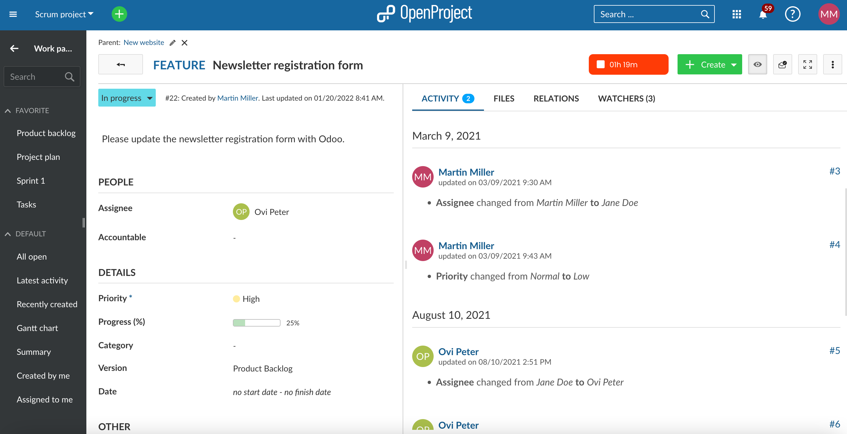 OpenProject Arbeitspaket-Detailansicht mit roter Timer-Taste für die Aufzeichnung der Zeit