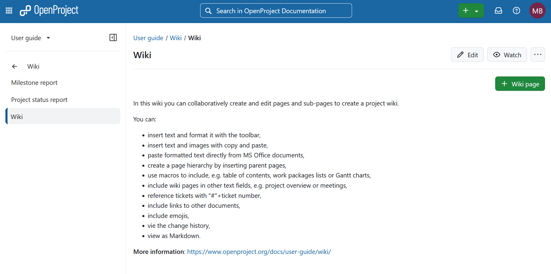 Bouton « Créer une nouvelle page wiki » dans OpenProject