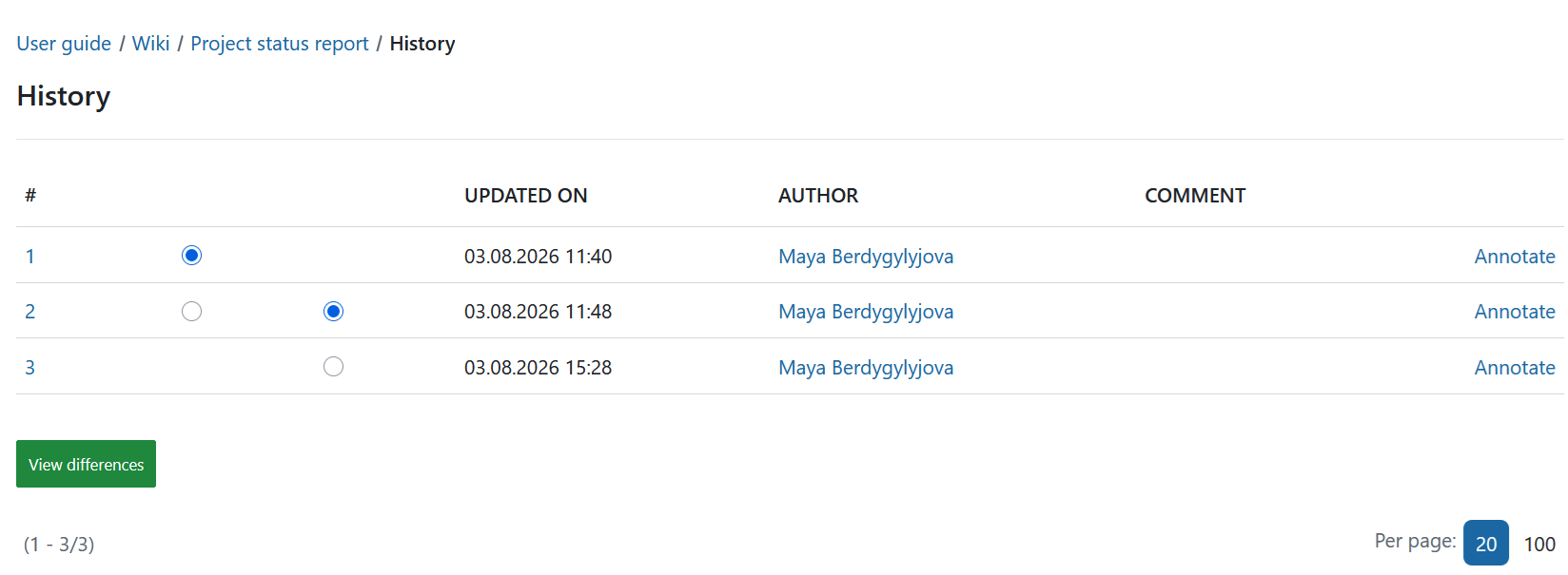 Historique de la page wiki dans OpenProject