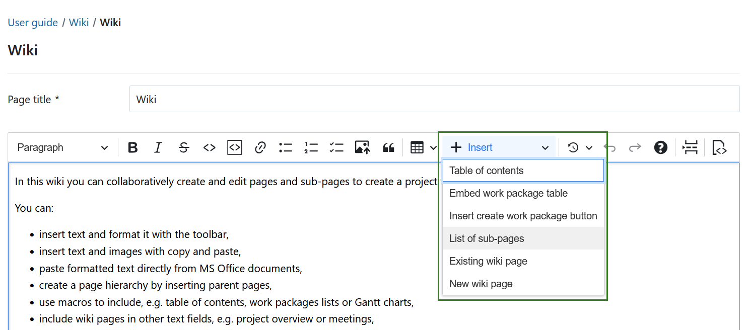 Macros específicas de la wiki en un CKEditor de una página wiki en OpenProject