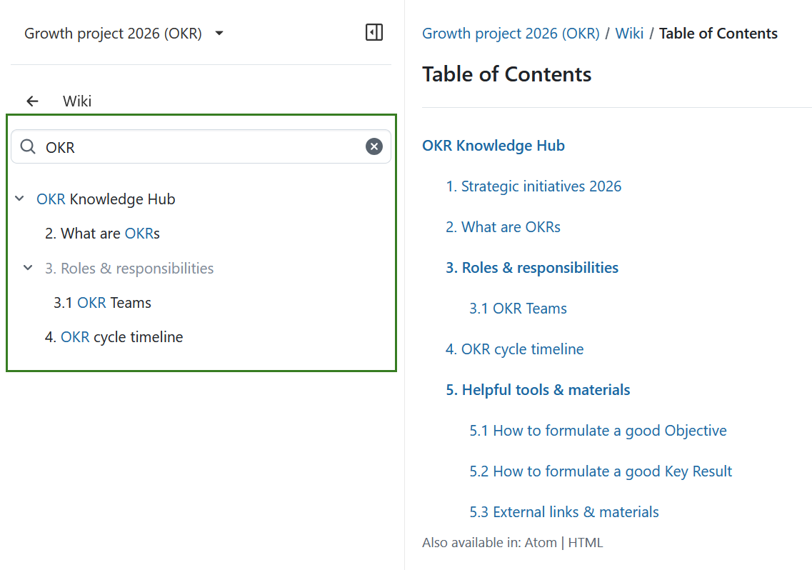 Ejemplo de un campo de búsqueda utilizado en el módulo wiki de OpenProject