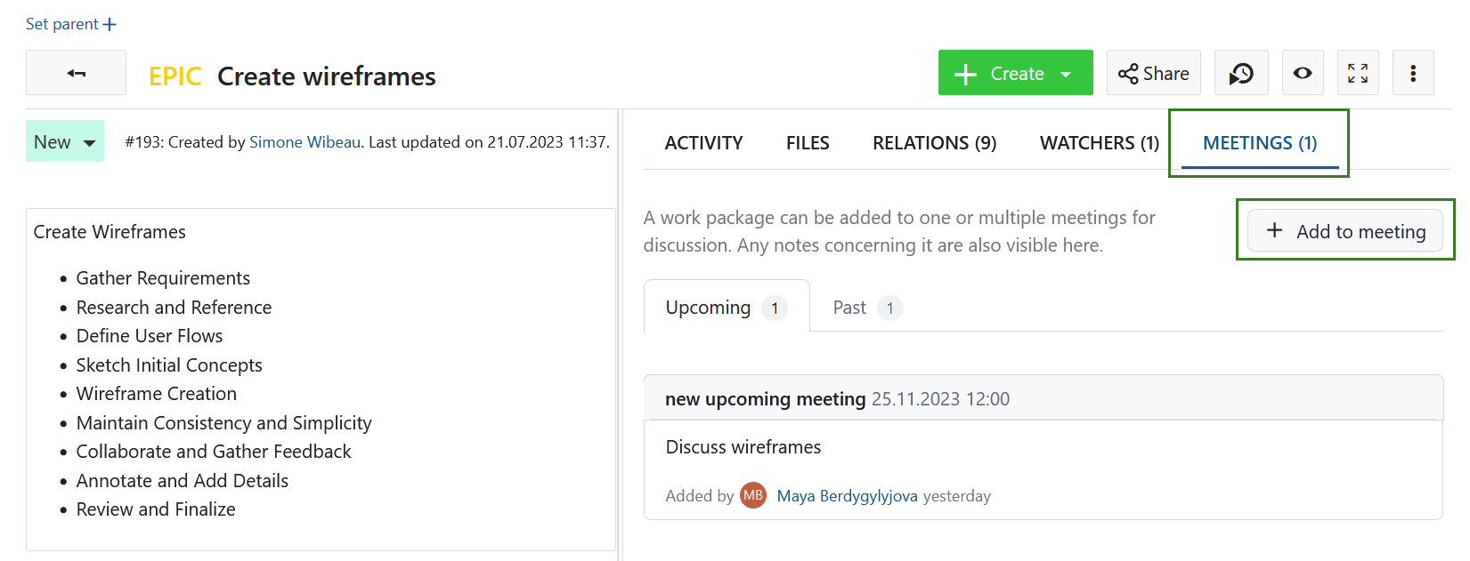 Add a work package to a meeting in OpenProject