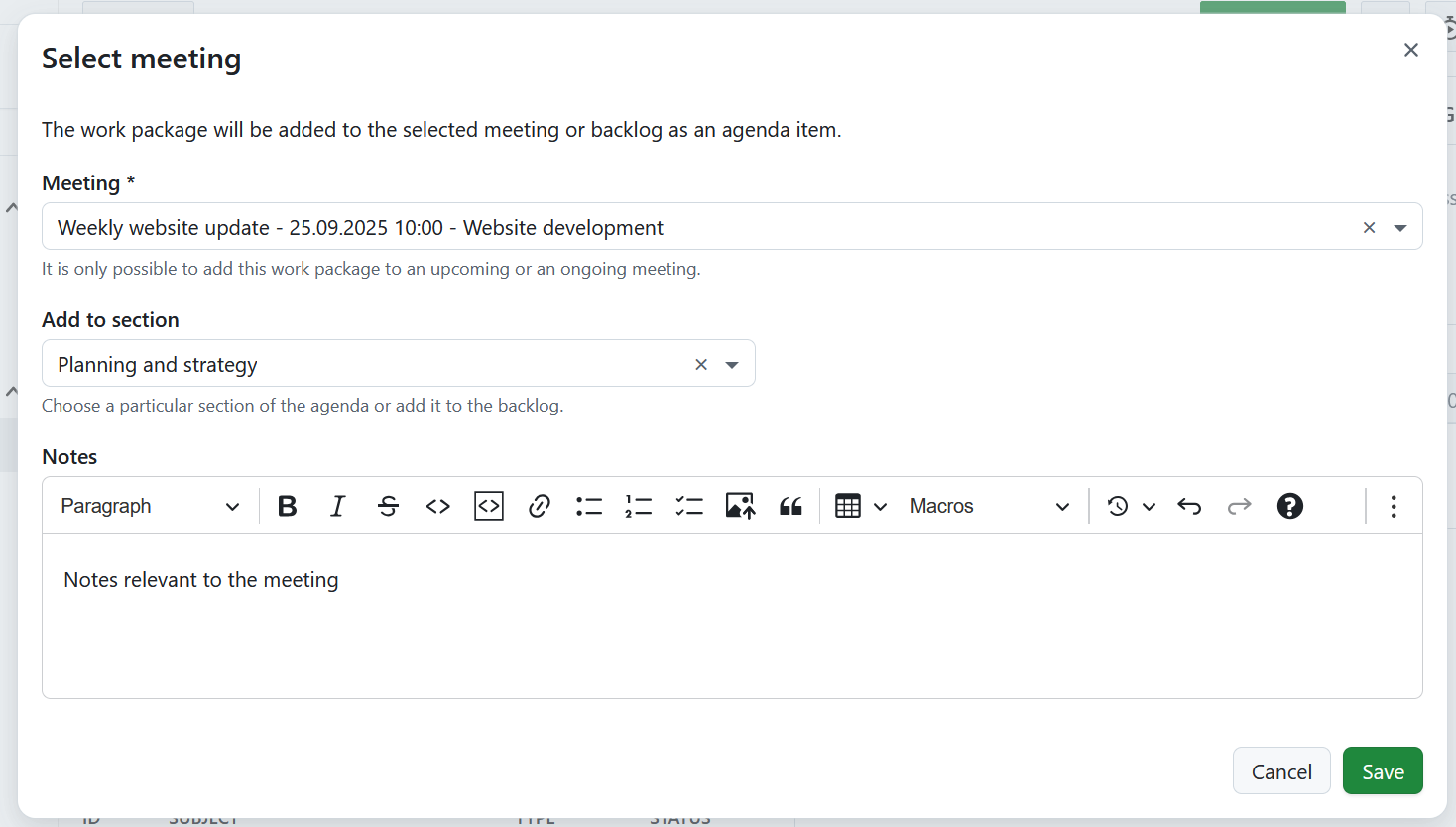 Add a work package to a new meeting