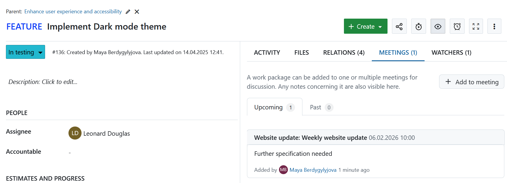 Lot de travaux dans OpenProject montrant un onglet Réunions, qui affiche une réunion dans laquelle ce lot de travaux a été référencé