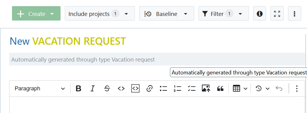 Exemple d’un lot de travaux nouvellement créé avec un champ de sujet verrouillé dans OpenProject
