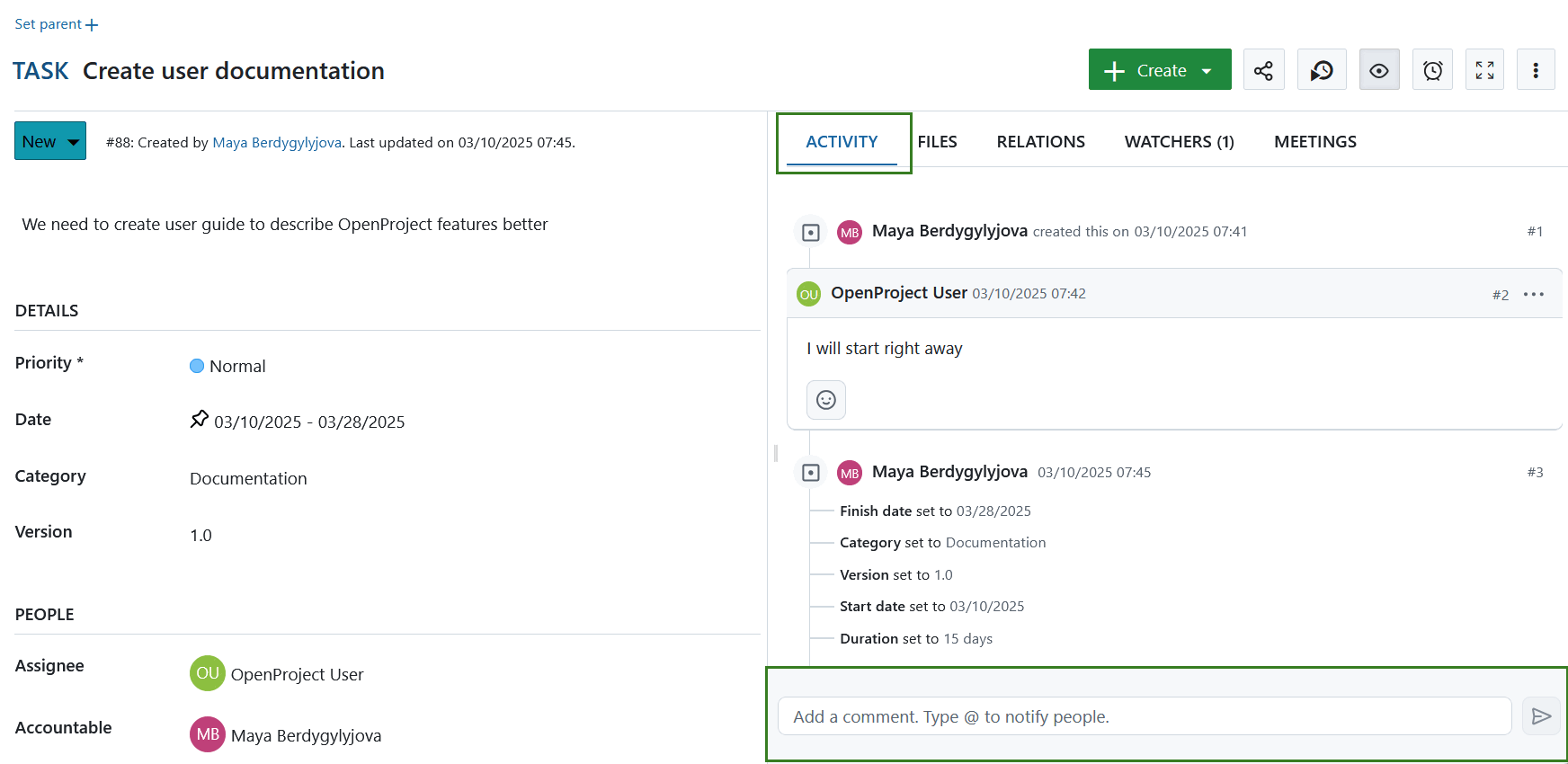 Comentar os pacotes de trabalho no OpenProject