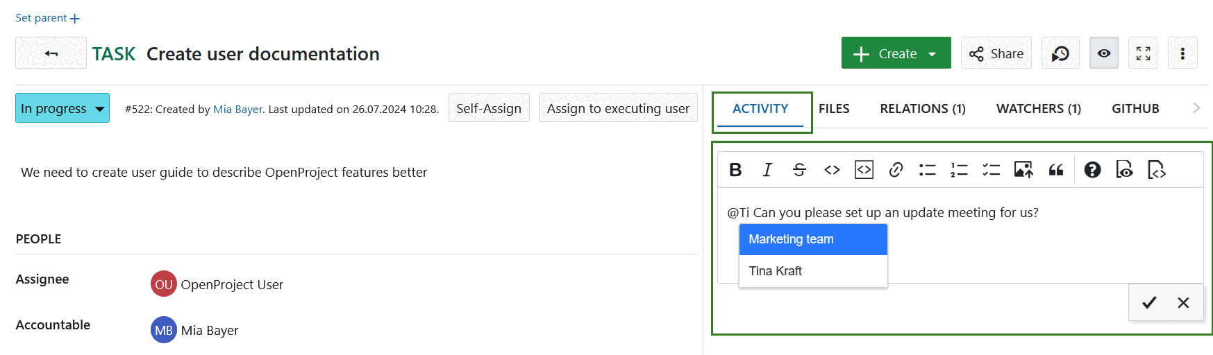 Deixar um comentário nos pacotes de trabalho do OpenProject