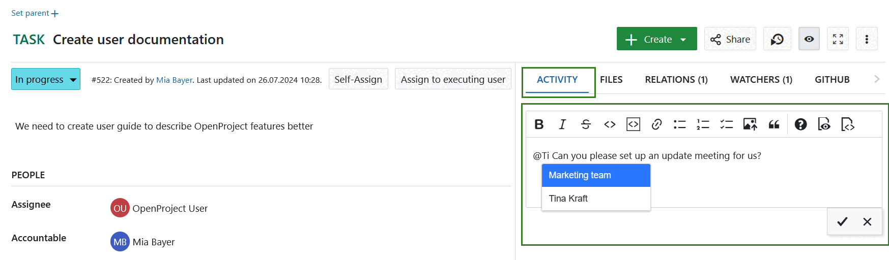 Deixar um comentário nos pacotes de trabalho do OpenProject