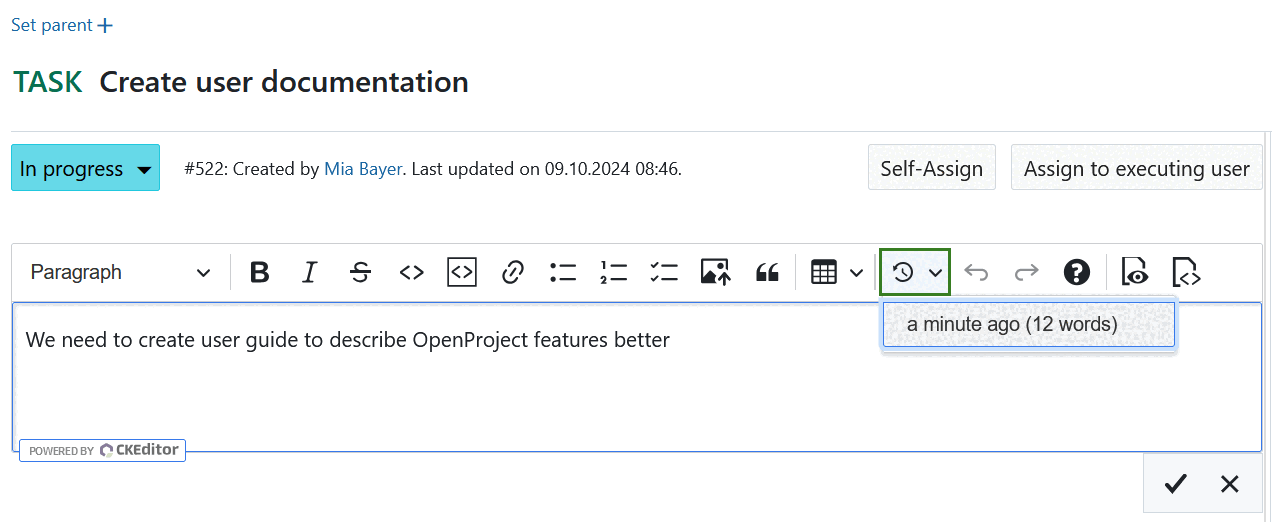 Restaurar cópias de segurança locais no editor de texto no OpenProject