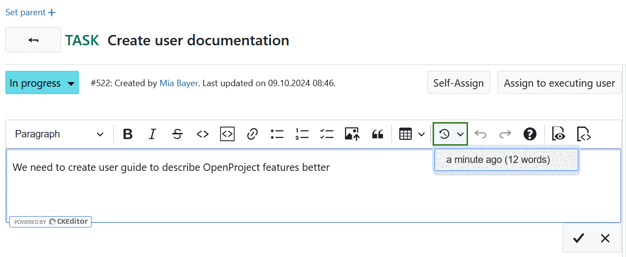 Restaurar cópias de segurança locais no editor de texto no OpenProject