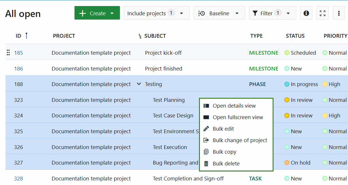 Edição em massa de pacotes de trabalho no OpenProject