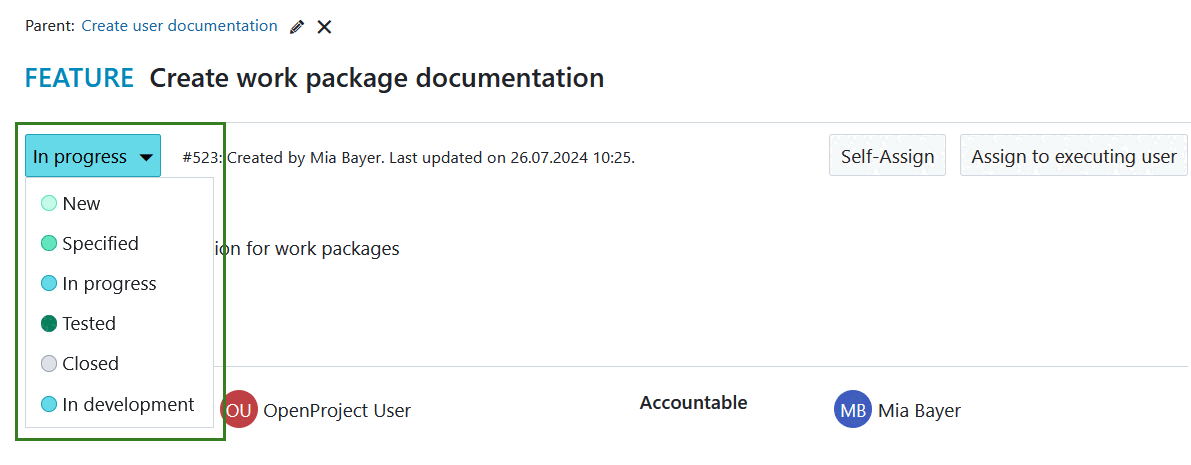 Atualizar o estado de um pacote de trabalho no OpenProject