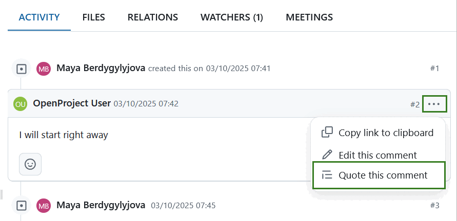 Editar um comentário de um pacote de trabalho no OpenProject