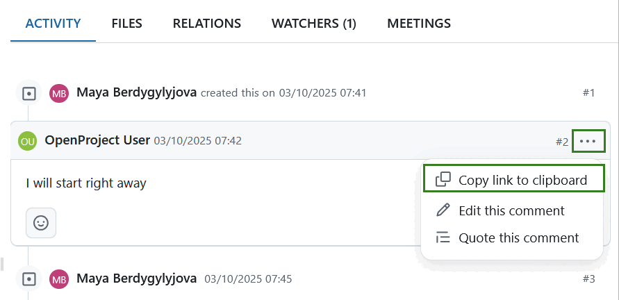 Copiar uma ligação para um comentário num pacote de trabalho no OpenProject
