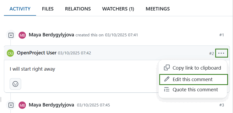 Editar um comentário num pacote de trabalho no OpenProject