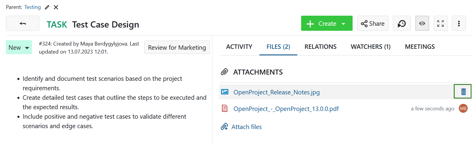 Delete a work package attachment in OpenProject