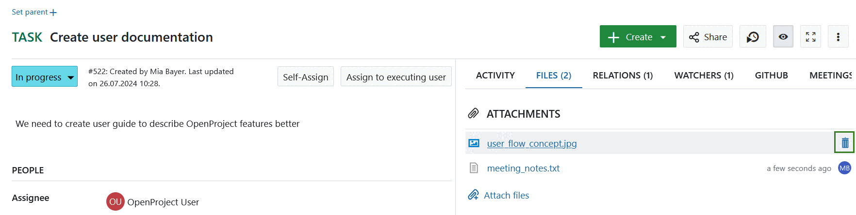 Eliminar um anexo de pacote de trabalho no OpenProject