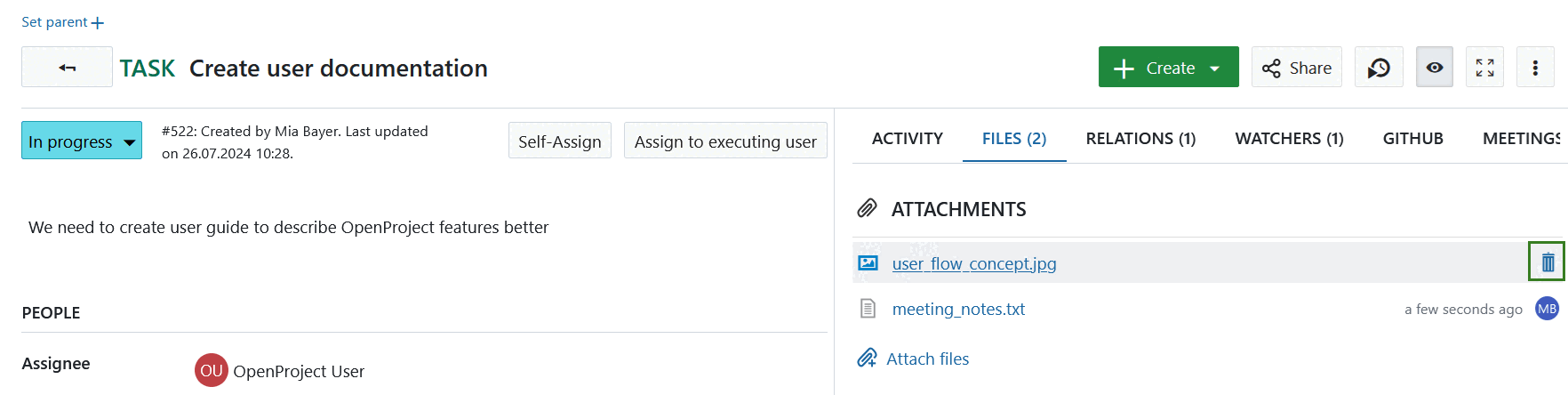Eliminar um anexo de pacote de trabalho no OpenProject