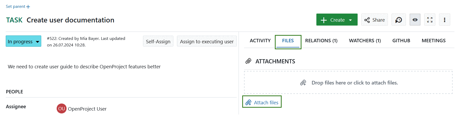 Carregamento manual de anexos num pacote de trabalho OpenProject