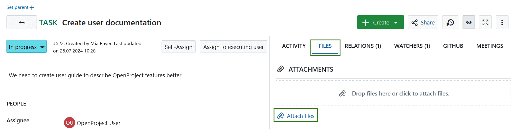 Carregamento manual de anexos num pacote de trabalho OpenProject