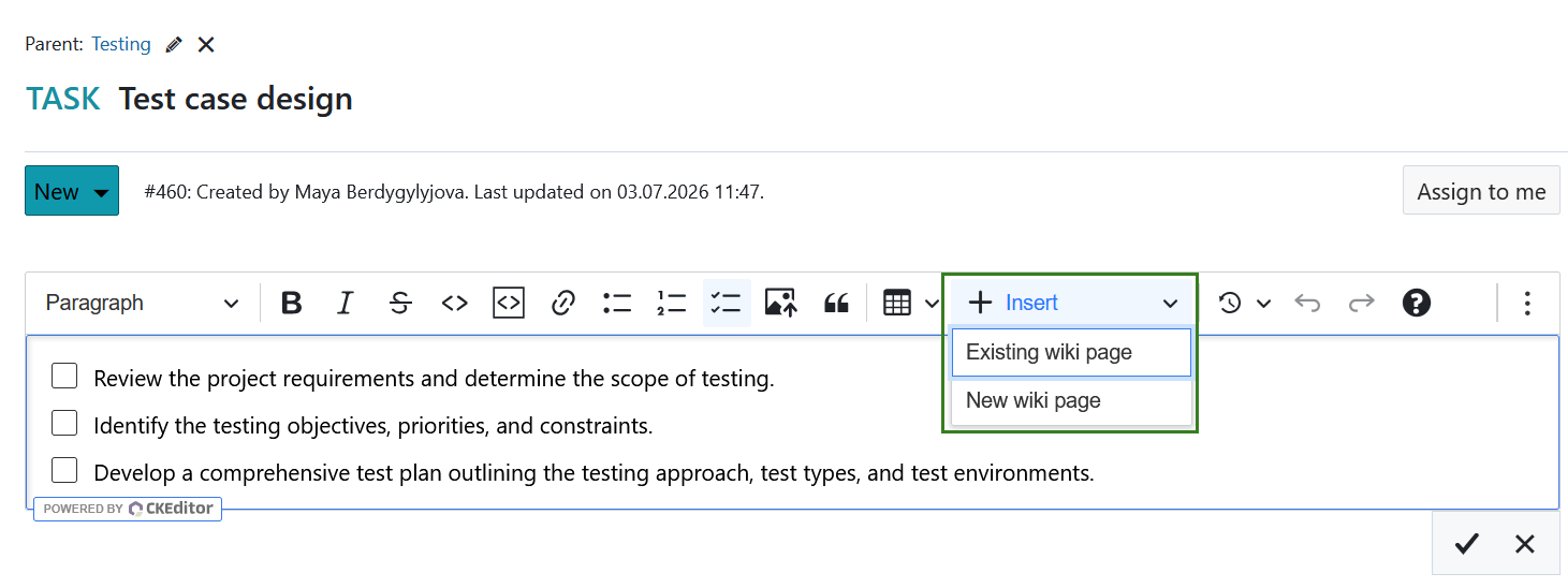 Insert menu with wiki page options opened in a CKEditor in an OpenProject work package