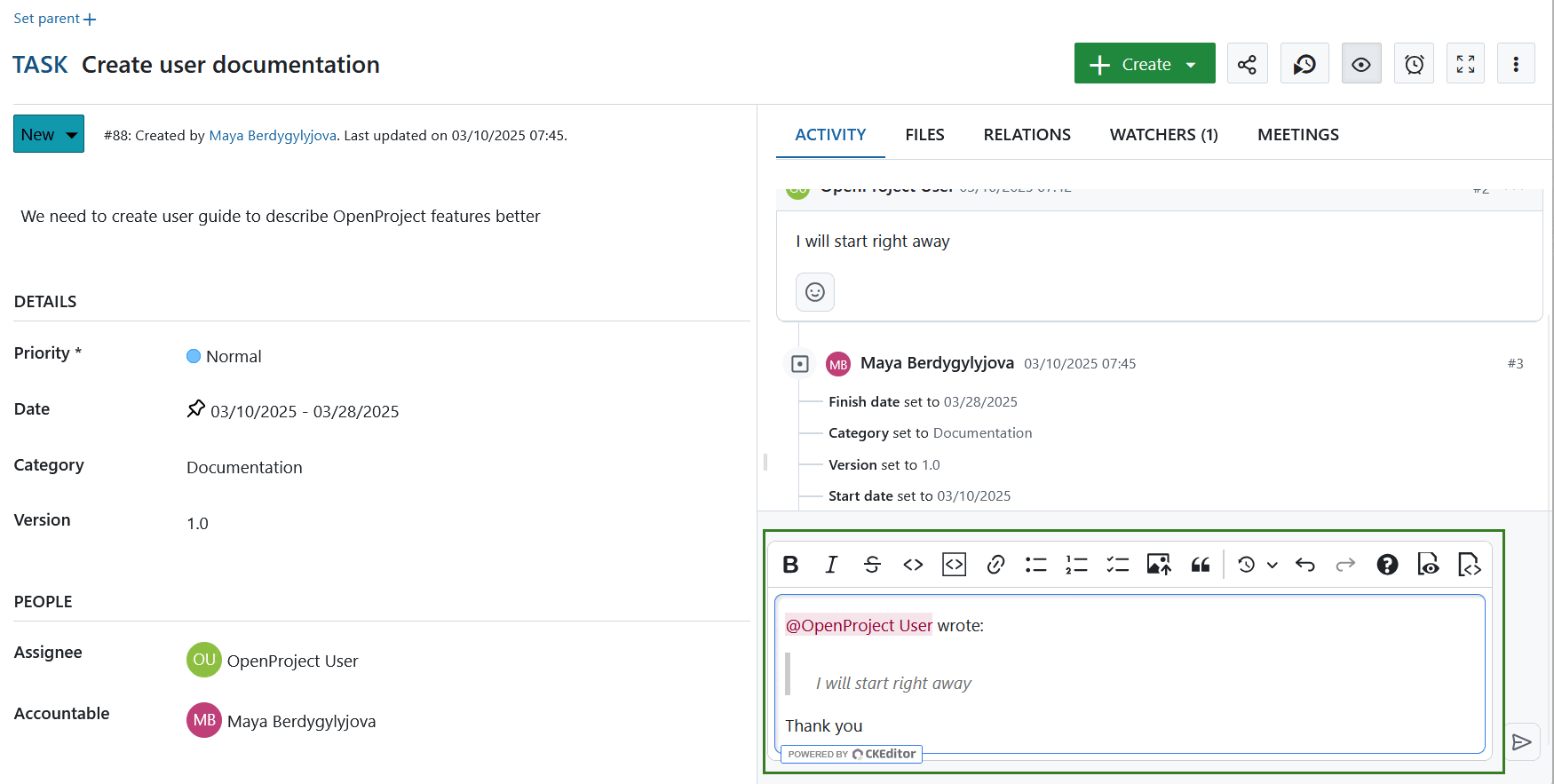 Citar uma resposta a um comentário num pacote de trabalho do OpenProject