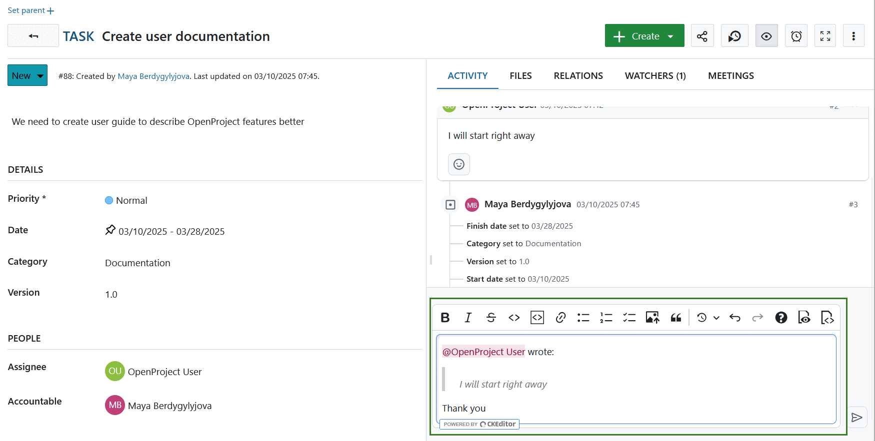 Citar uma resposta a um comentário num pacote de trabalho do OpenProject