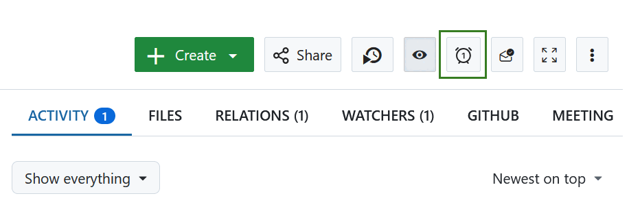 Um distintivo para indicar um lembrete definido no pacote de trabalho do OpenProject