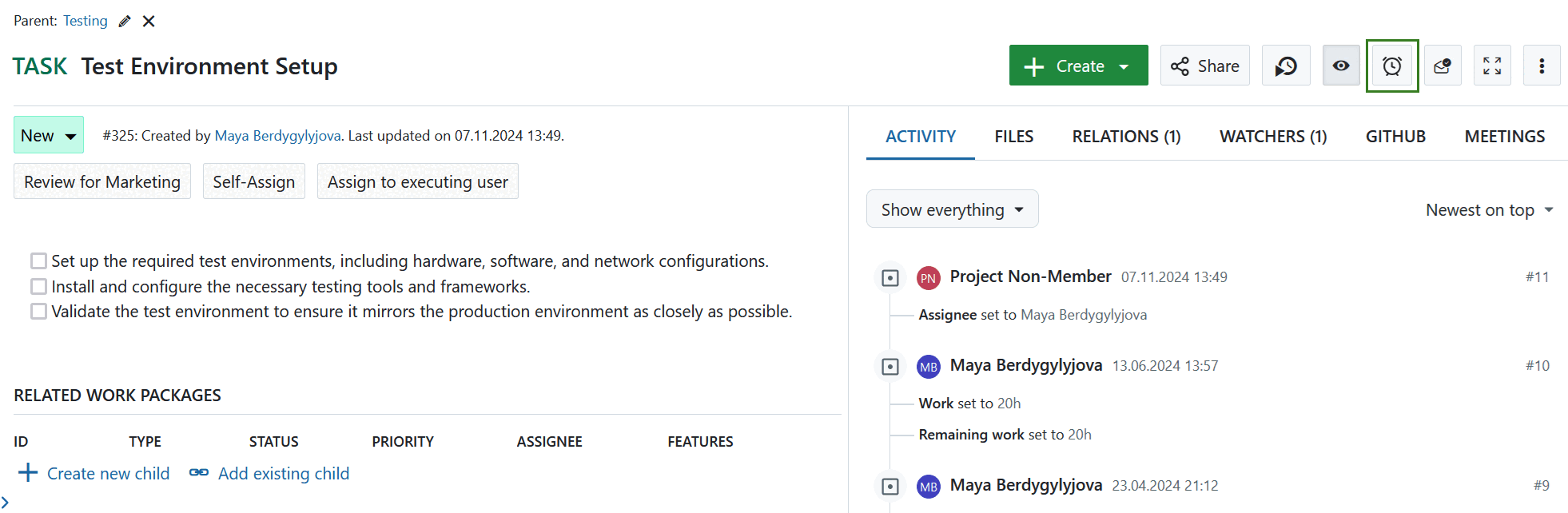 Ícone de lembrete de pacote de trabalho no OpenProject