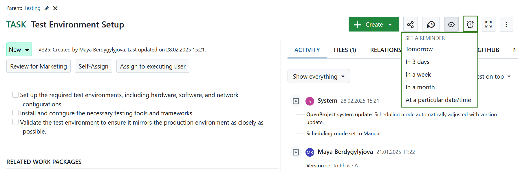 Opções pré-definidas para um lembrete de pacote de trabalho no OpenProject