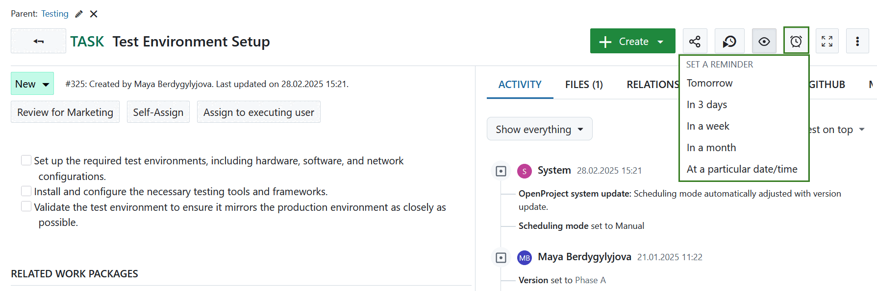 Opções pré-definidas para um lembrete de pacote de trabalho no OpenProject