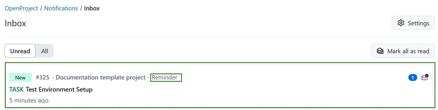 Lembrete de pacote de trabalho no centro de notificações do OpenProject