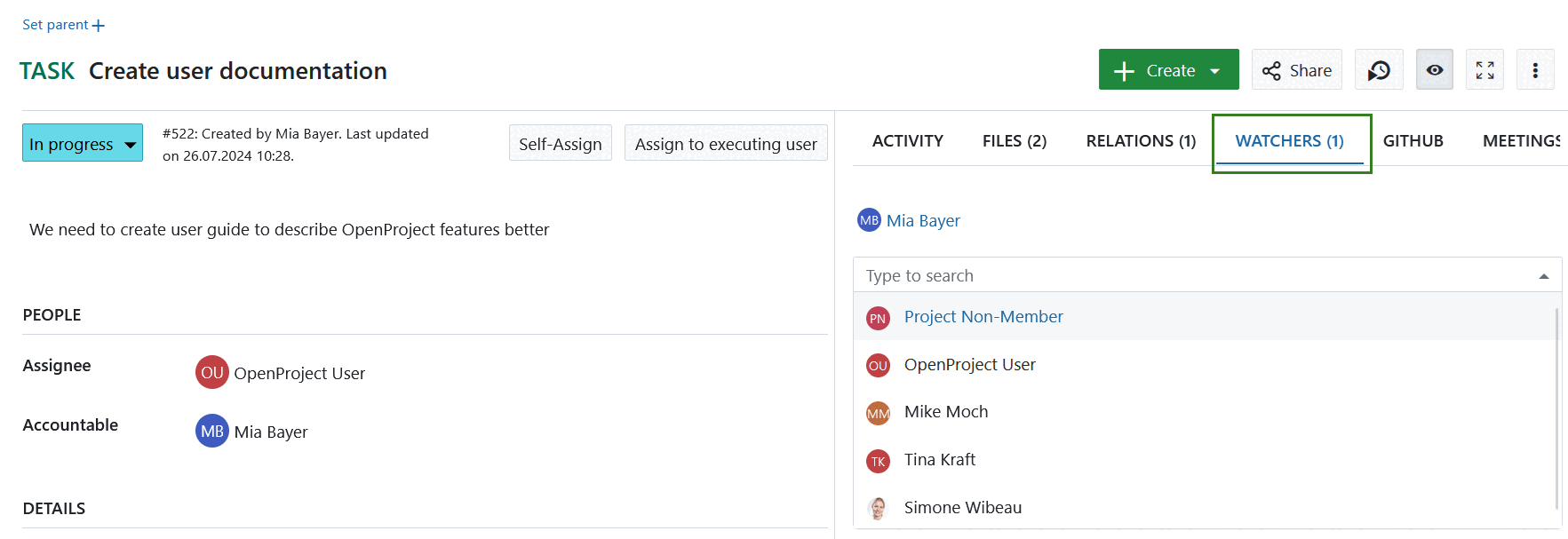 Adicionar observadores aos pacotes de trabalho do OpenProject