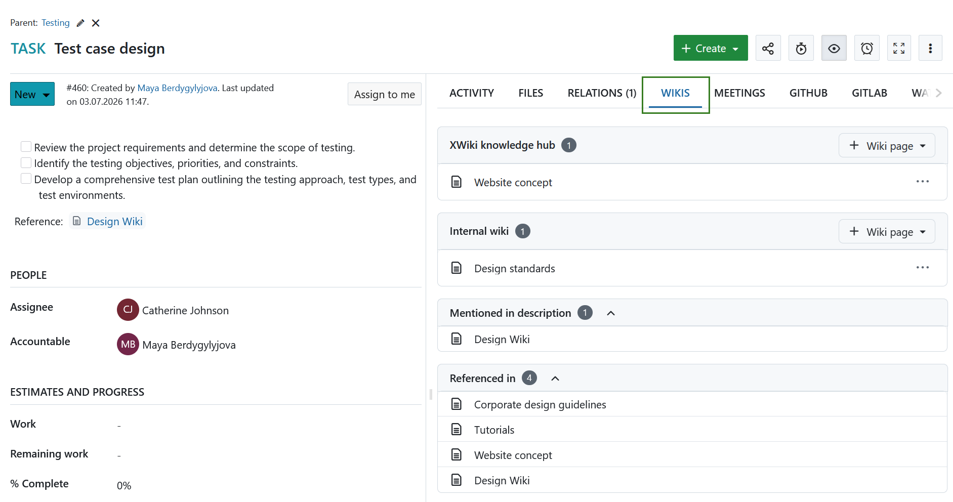 Wikis tab showing linked wiki pages