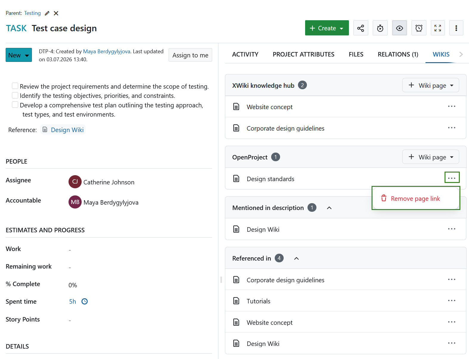 Separador Wikis a apresentar páginas wiki com ligações