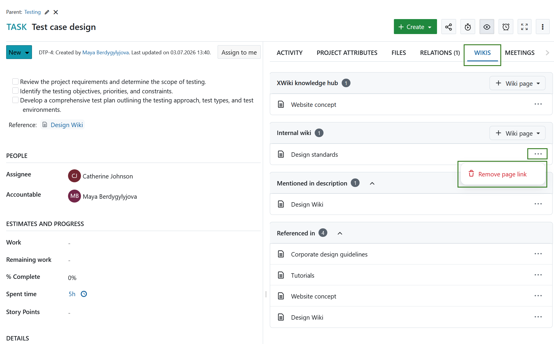 Wikis tab showing linked wiki pages