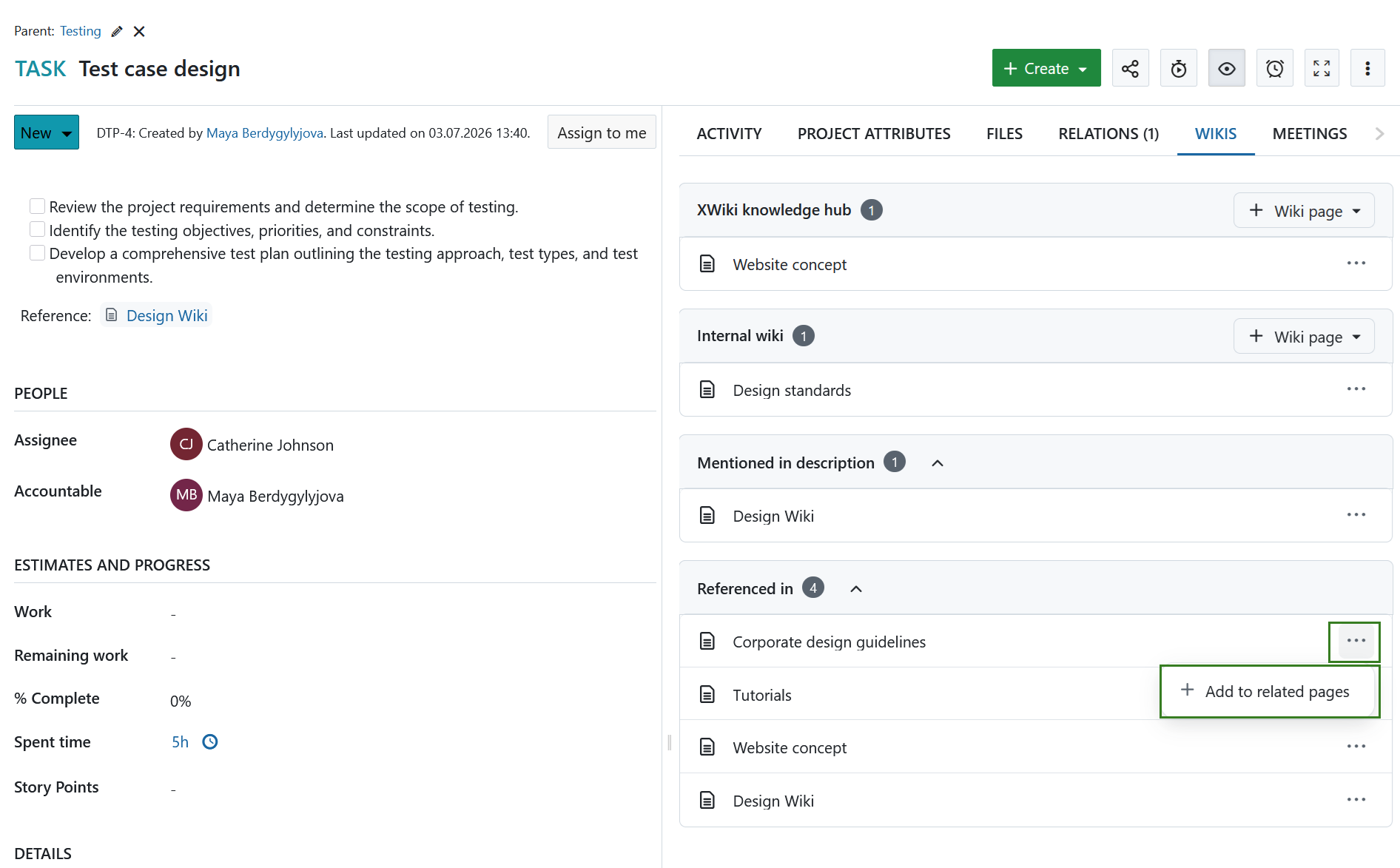 Wikis tab showing linked wiki pages