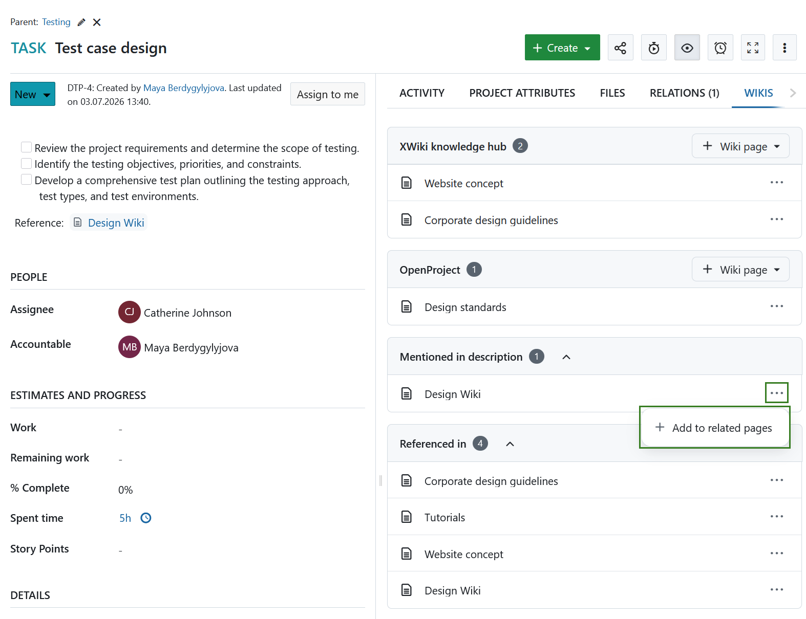 Separador Wikis a apresentar páginas wiki com ligações