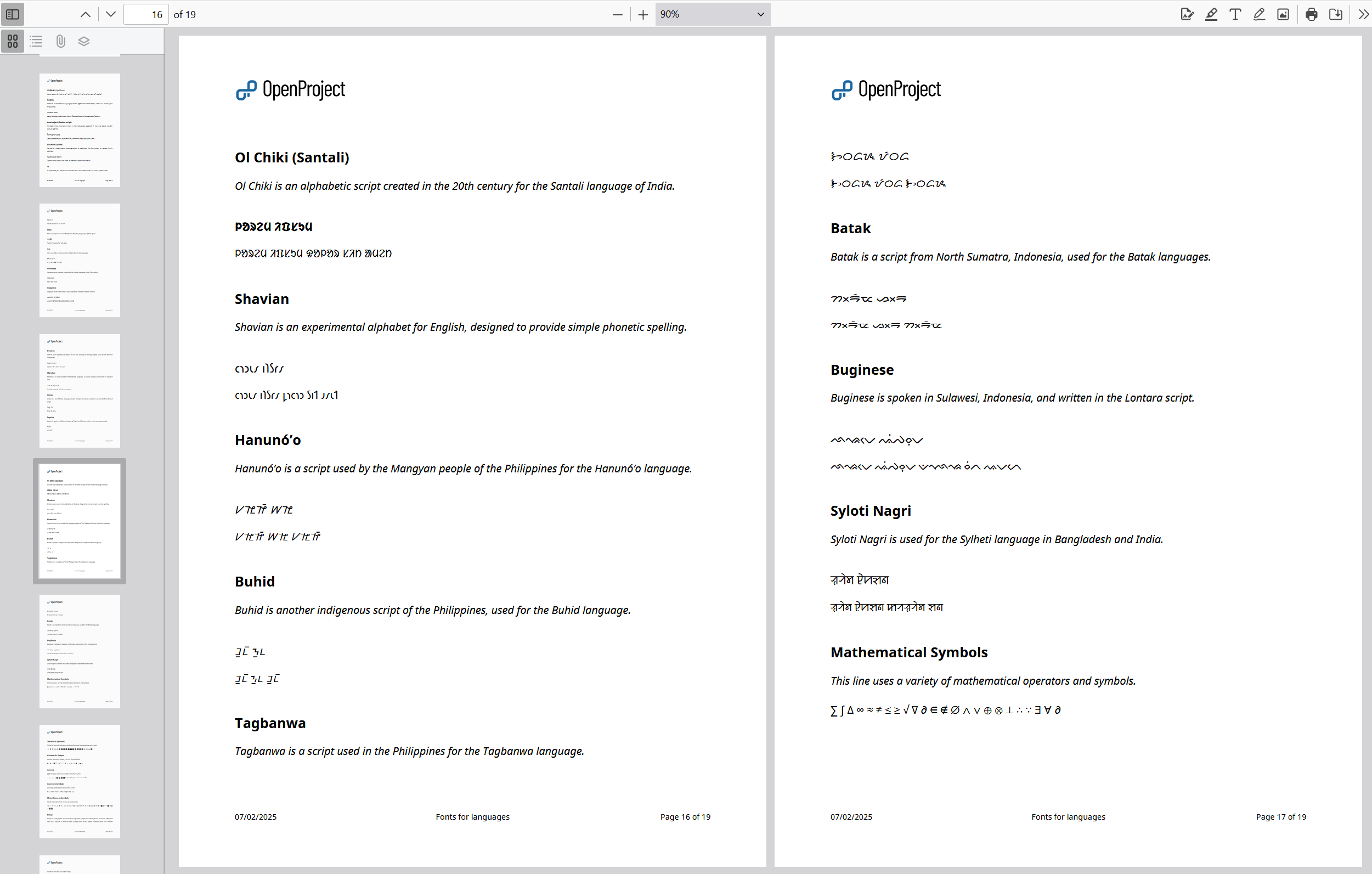 Exemplo de uma exportação de PDF no OpenProject que inclui texto lorem ipsum em várias línguas e símbolos matemáticos