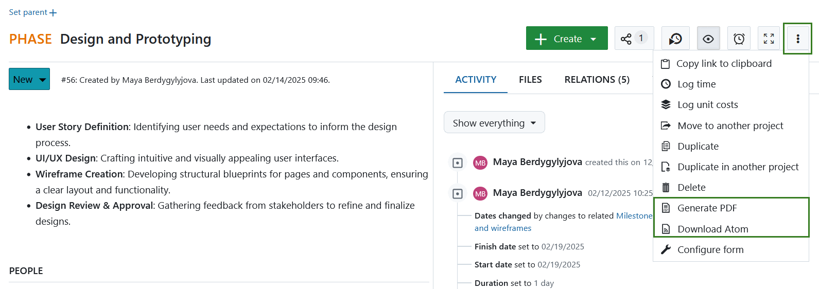 Options d’exportation d’un lot de travaux individuel dans OpenProject