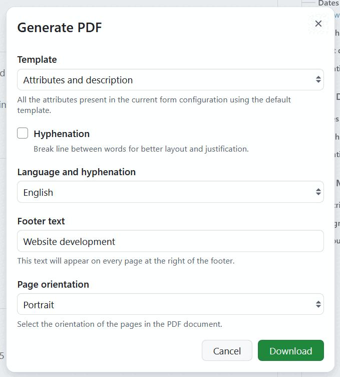Fenêtre modale de génération de PDF pour l’exportation de lots de travaux individuels dans OpenProject