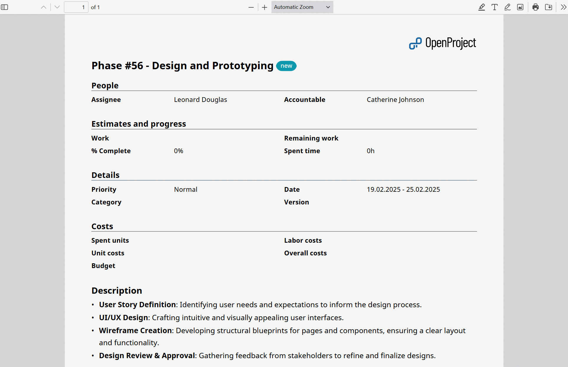 Beispiel eines PDF-Exports eines einzelnen Arbeitspakets in OpenProject